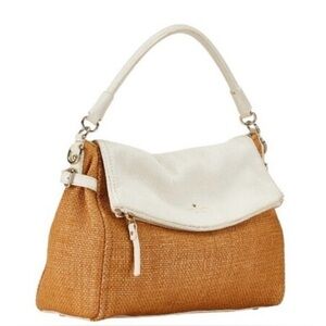 Kate Spade Raffia 2way Leather Tote Handbag Natural Material Beige Tan and White